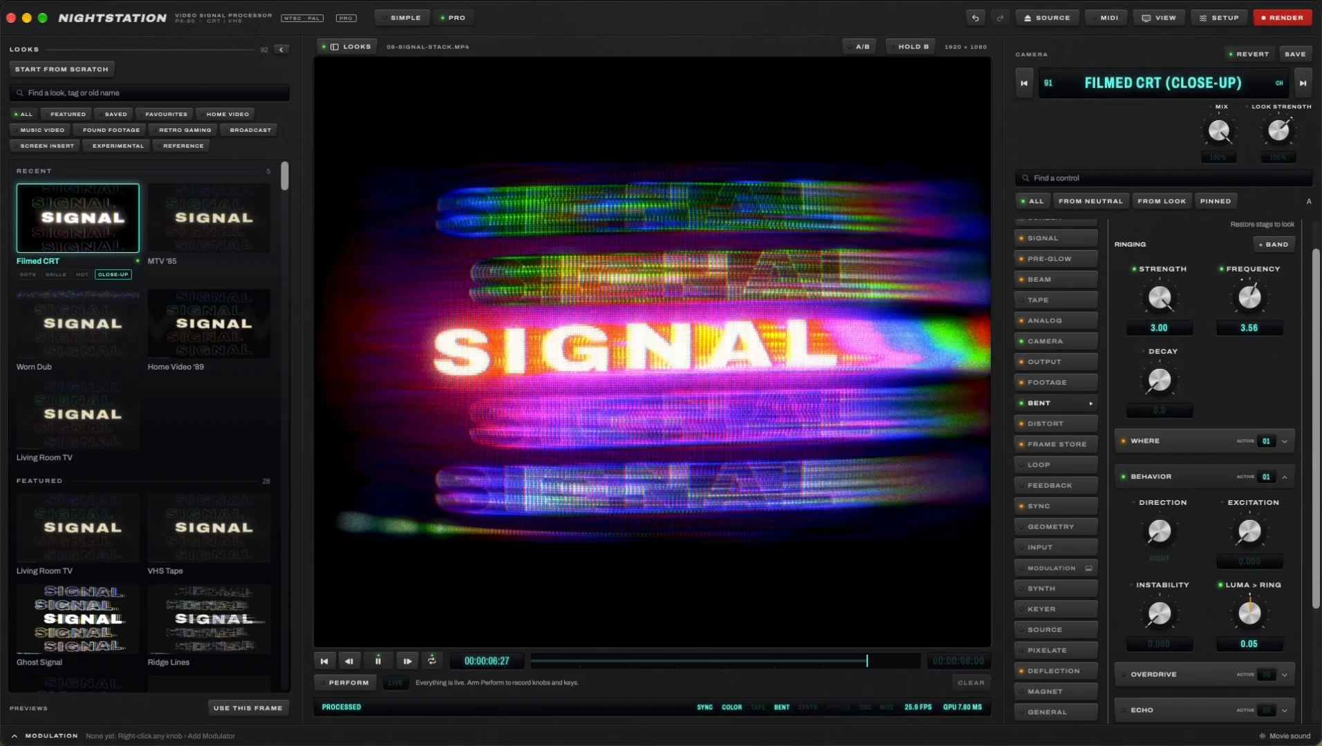 Nightstation’s black interface, showing the SIGNAL text effect and camera lens controls.